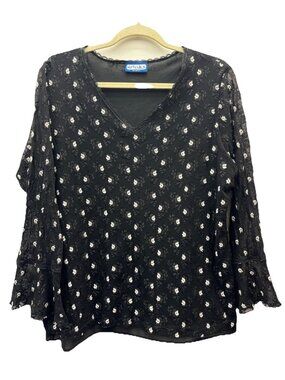 Vintage 80’s Notches Top  Black & White Blouse, Floral  Retro  Women No Size Tag